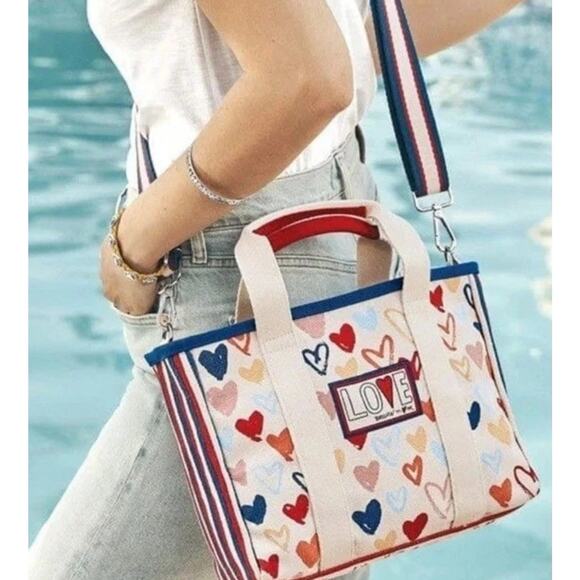 Brighton Love Hearts Canvas Tote Bag Sparkle and Shine Red White Blue Stripe - Picture 3 of 7